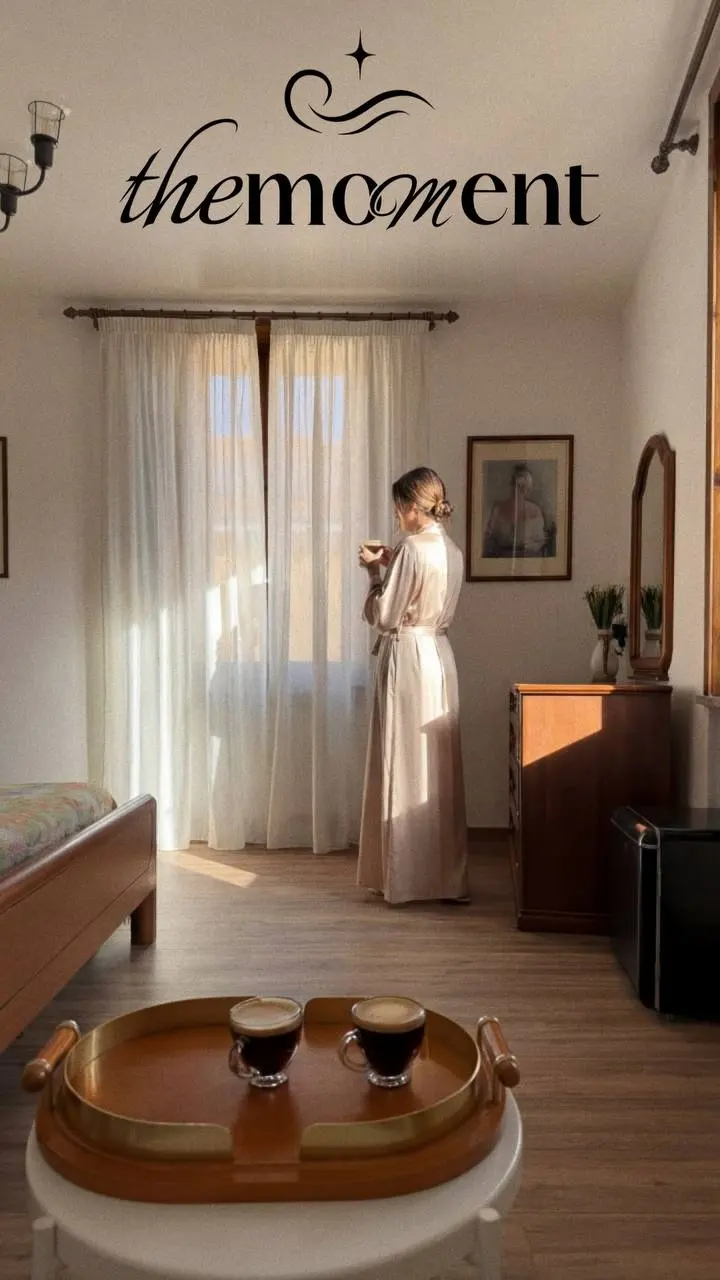 Una huésped con el café de la mañana en una habitación de The Moment, Bérgamo