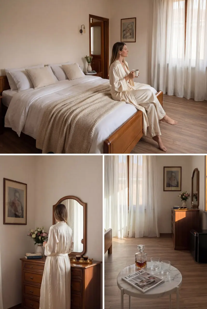 Una huésped con el café de la mañana en una habitación de The Moment, Bérgamo